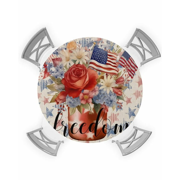 nqOlkjepod 4th of July Blue Red Round Tablecloth, Fitted Table Cover with Elastic for 36"-44" Round Tables, Star Watercolor Floral American Flag Table Cloth Dinning Party Waterproof Tablecloths