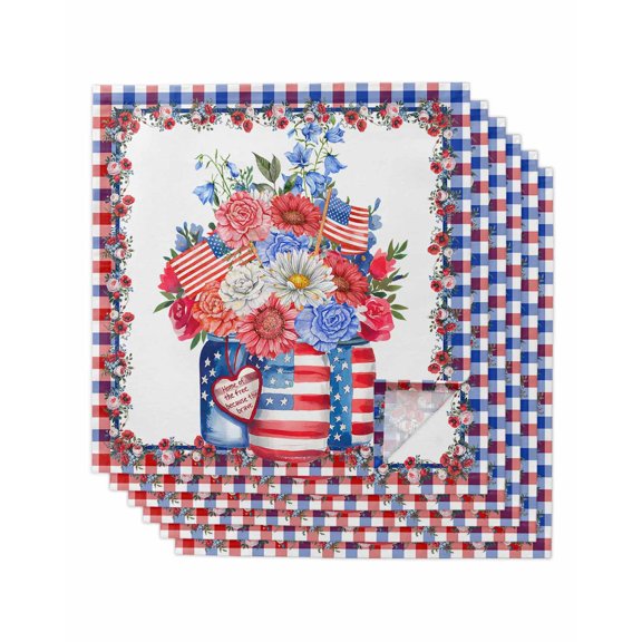 nqOlkjepod 4th of July Cloth Napkins Set of 6 Reusable Dinner Napkins, Independence Day Floral Striped Cocktail Napkin Washable Table Napkins for Wedding/Holiday Party/Baby Shower 20"x20"