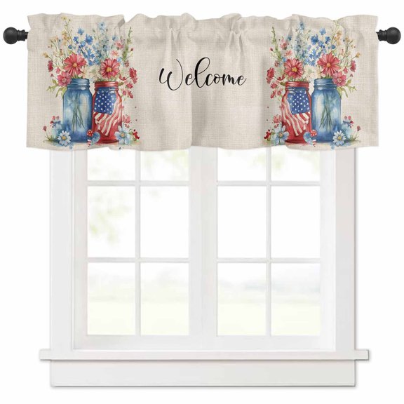 nqOlkjepod 4th of July Farmhouse Short Window Curtain Valances, Independence Day Spring Floral US Flag Retro Rod Pocket Kitchen Valances for Living Room Bedroom Bathroom Cafe, 1 Panel - 42" x 18"