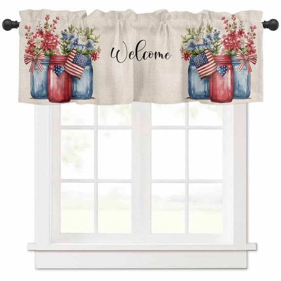 nqOlkjepod 4th of July Farmhouse Short Window Curtain Valances, Spring Floral Red US Flag Rustic Independence Day Rod Pocket Kitchen Valances for Living Room Bedroom Bathroom Cafe, 42" x 12"
