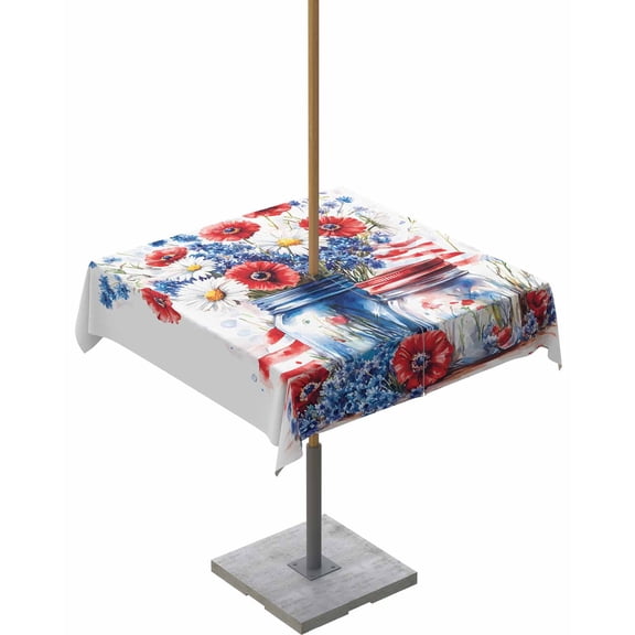 nqOlkjepod 4th of July Floral Outdoor Tablecloth with Umbrella Hole & Zipper, Independence Day American Flag Square Table Cover 54x54 Inch, Dining Waterproof Table Cloth Protector for Patio/Party