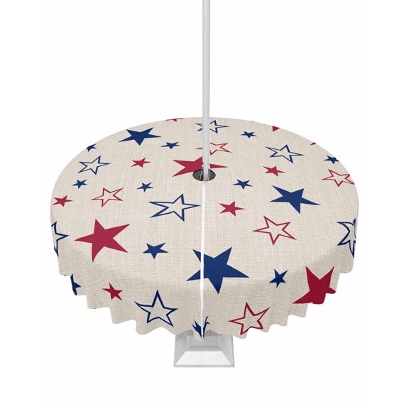 nqOlkjepod 4th of July Outdoor Tablecloth with Umbrella Hole & Zipper, Blue Red Striped Stars Independence Day Round Table Cover 54 Inch, Dining Waterproof Table Cloth Protector for Patio/Party