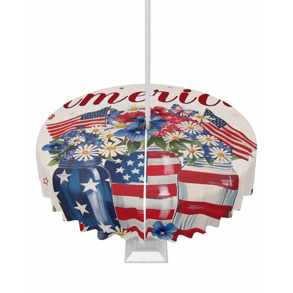 nqOlkjepod 4th of July Outdoor Tablecloth with Umbrella Hole & Zipper, Independence Day Blue Red Spring Floral Rustic Round Table Cover 54 Inch, Dining Waterproof Table Cloth Protector for Patio