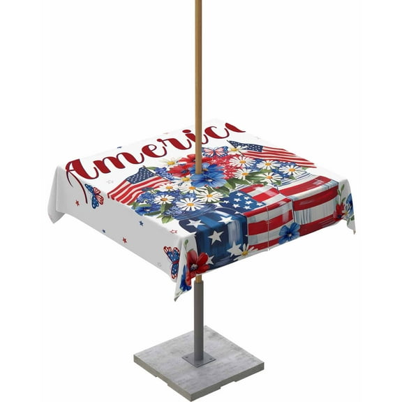 nqOlkjepod 4th of July Outdoor Tablecloth with Umbrella Hole & Zipper, Independence Day Blue Red US Flag Spring Floral Square Table Cover 54x54 Inch, Waterproof Table Cloth Protector for Patio