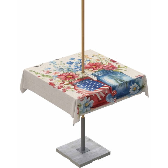 nqOlkjepod 4th of July Outdoor Tablecloth with Umbrella Hole & Zipper, Independence Day Spring Floral US Flag Retro Square Table Cover 54x54 Inch, Dining Waterproof Table Cloth Protector for Patio