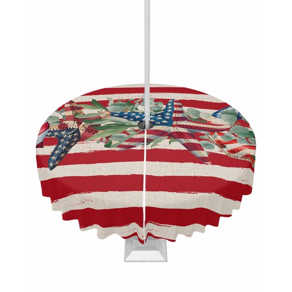 nqOlkjepod 4th of July Outdoor Tablecloth with Umbrella Hole & Zipper, Independence Day Star Botanical Red Striped Rustic Round Table Cover 54 Inch, Dining Waterproof Table Cloth Protector for Patio