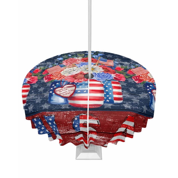 nqOlkjepod 4th of July Outdoor Tablecloth with Umbrella Hole & Zipper, Independence Day USA Blue Red Star Floral Round Table Cover 54 Inch, Dining Waterproof Table Cloth Protector for Patio/Party