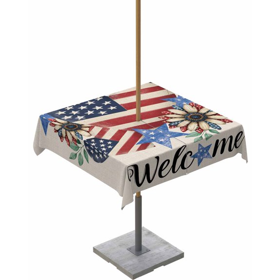 nqOlkjepod 4th of July Outdoor Tablecloth with Umbrella Hole & Zipper, Red Striped Red Love Heart Navy Independence Day Square Table Cover 54x54 Inch, Waterproof Table Cloth Protector for Patio