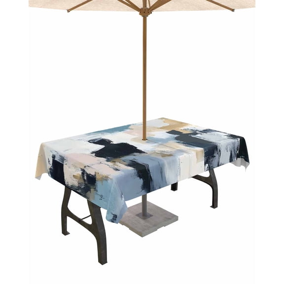 nqOlkjepod Abstract Oil Painting Outdoor Tablecloth with Umbrella Hole & Zipper, Modern Colorful Canvas Art Rectangle Table Cover 60x84 Inch, Dining Waterproof Table Cloth Protector for Patio/Party