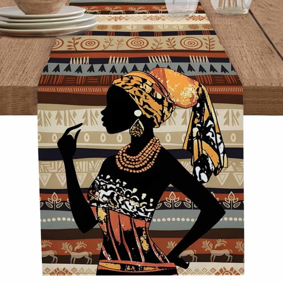 nqOlkjepod African Women Table Runner 48 Inches Long Farmhouse Dress Scarves, Black Boho Tradition Ethnic Southwest Dining Tablerunner for Coffee Table/Kitchen Island/Party Décor, 13" x 48"