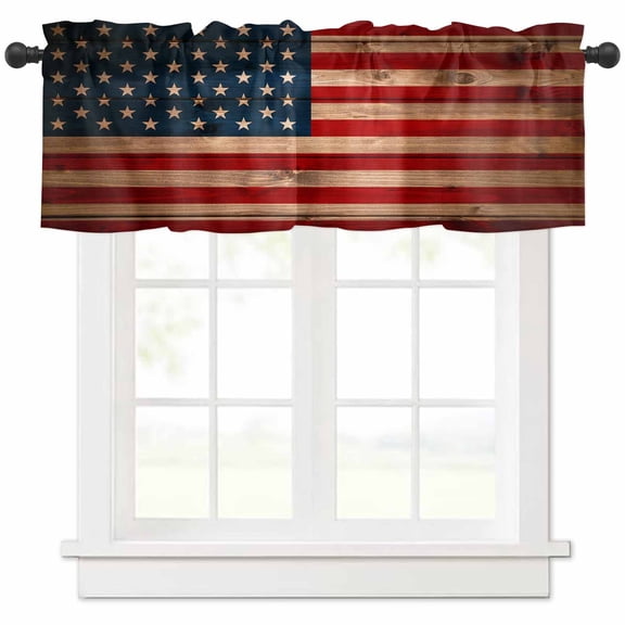 nqOlkjepod American Flag Farmhouse Short Window Curtain Valances, Blue Red USA Flag Vintage Wooden Rod Pocket Kitchen Valances for Living Room Bedroom Bathroom Cafe, 1 Panel - 42" x 18"