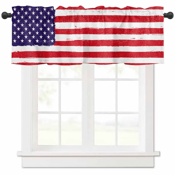 nqOlkjepod American Flag Farmhouse Short Window Curtain Valances, Retro Rustic Stars And Stripes US Flag Rod Pocket Kitchen Valances for Living Room Bedroom Bathroom Cafe, 1 Panel - 42" x 12"