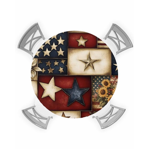 nqOlkjepod American Flag Round Tablecloth, Fitted Table Cover with Elastic for 45"-54" Round Tables, Texas Star Farmhouse Sunflowers Blue Red Table Cloth Outdoor Dinning Party Waterproof Tablecloths