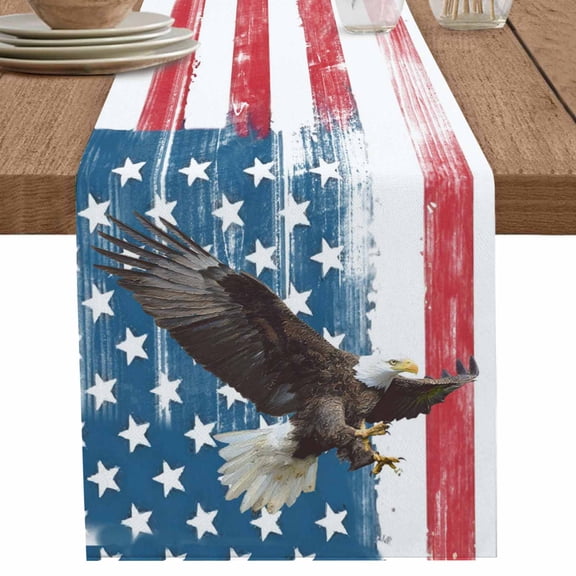 nqOlkjepod American Flag Table Runner 48 Inches Long Farmhouse Dress Scarves, Eagle Watercolor USA Flag Dining Tablerunner for Coffee Table/Kitchen Island/Party Décor, 13" x 48"