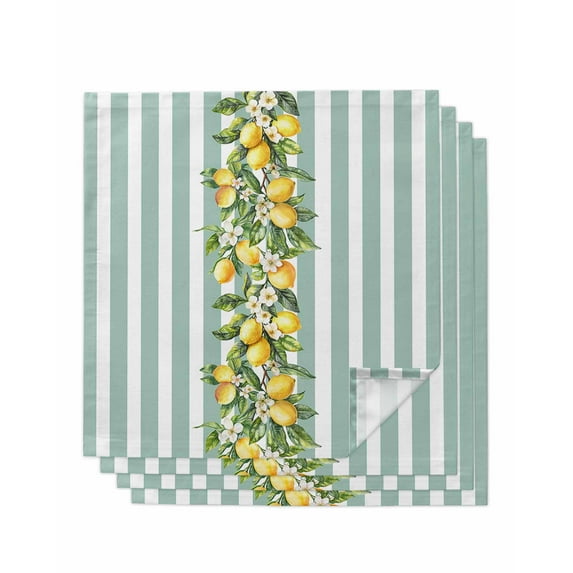 nqOlkjepod Aqua Stripes Lemon Cloth Napkins Set of 4 Reusable Dinner Napkins, Spring Botanical Plant Vertical Line Cocktail Napkin Washable Table Napkins for Wedding/Party/Baby Shower 20"x20"