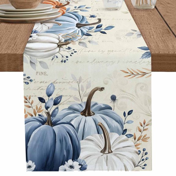 nqOlkjepod Autumn Pumpkin Table Runner 48 Inches Long Farmhouse Dress Scarves, Thanksgiving Blue Eucalyptus Leaf Beige Dining Tablerunner for Coffee Table/Kitchen Island/Party Décor, 13" x 48"