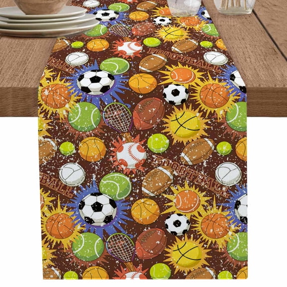 nqOlkjepod Ball Games Table Runner 36 Inches Long Farmhouse Dress Scarves, Colored Football Baseball Basketball Rugby Dining Tablerunner for Coffee Table/Kitchen Island/Party Décor, Small 13" x 36"