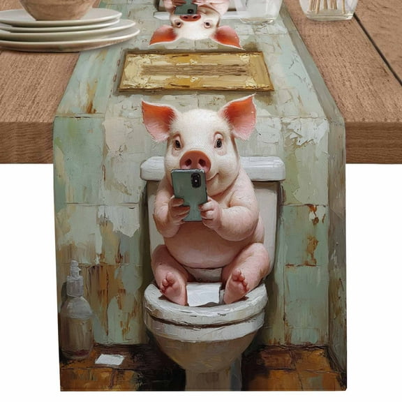 nqOlkjepod Bathroom Pig Table Runner 48 Inches Long Farmhouse Dress Scarves, Toilet Animals Vintage Dining Tablerunner for Coffee Table/Kitchen Island/Party Décor, 13" x 48"