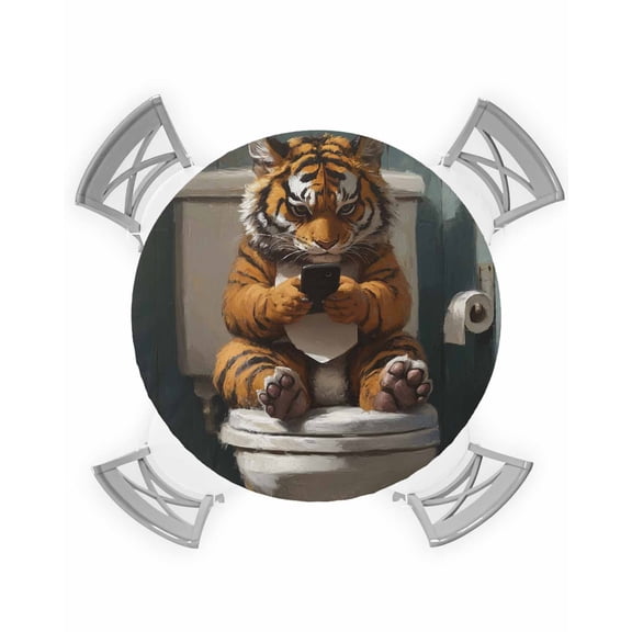 nqOlkjepod Bathroom Tiger Round Tablecloth, Fitted Table Cover with Elastic for 45"-54" Round Tables, Toilet Animals Vintage Table Cloth Outdoor Indoor Dinning Party Waterproof Tablecloths
