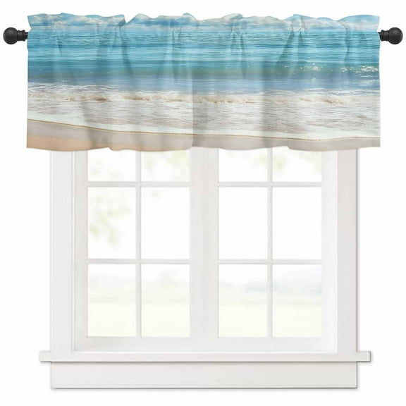 nqOlkjepod Beach Blue Farmhouse Short Window Curtain Valances, Coastal Scenery Sky Cloud Sand Shore Rod Pocket Kitchen Valances for Living Room Bedroom Bathroom Cafe, 1 Panel - 42" x 12"