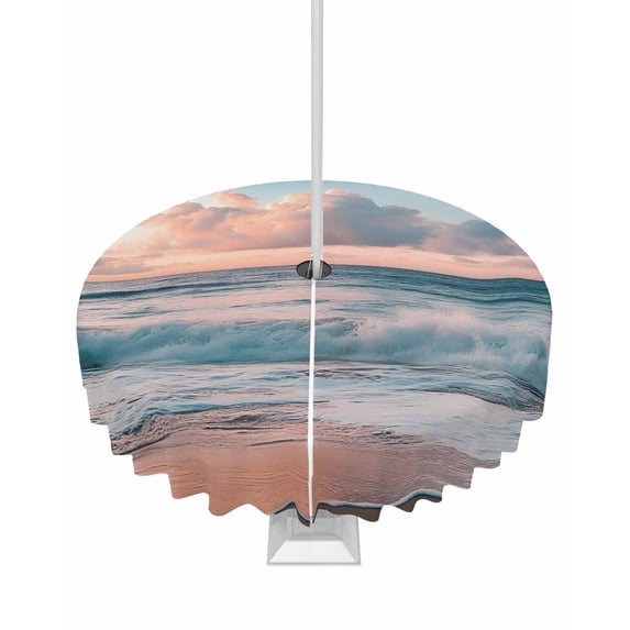 nqOlkjepod Beach Ocean Outdoor Tablecloth with Umbrella Hole & Zipper, Sunset Scenery Seashore Horizon Summer Round Table Cover 60 Inch, Dining Waterproof Table Cloth Protector for Patio/Party