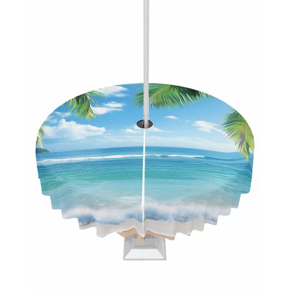 nqOlkjepod Beach Ocean Waves Outdoor Tablecloth with Umbrella Hole & Zipper, Summer Tropical Palm Tree Leaves Round Table Cover 54 Inch, Dining Waterproof Table Cloth Protector for Patio/Party