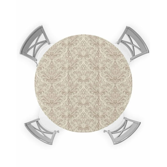 nqOlkjepod Beige Baroque Round Tablecloth, Fitted Table Cover with Elastic for 55"-60" Round Tables, Farmhouse Scroll Floral Pattern Art Table Cloth Outdoor Dinning Party Waterproof Tablecloths