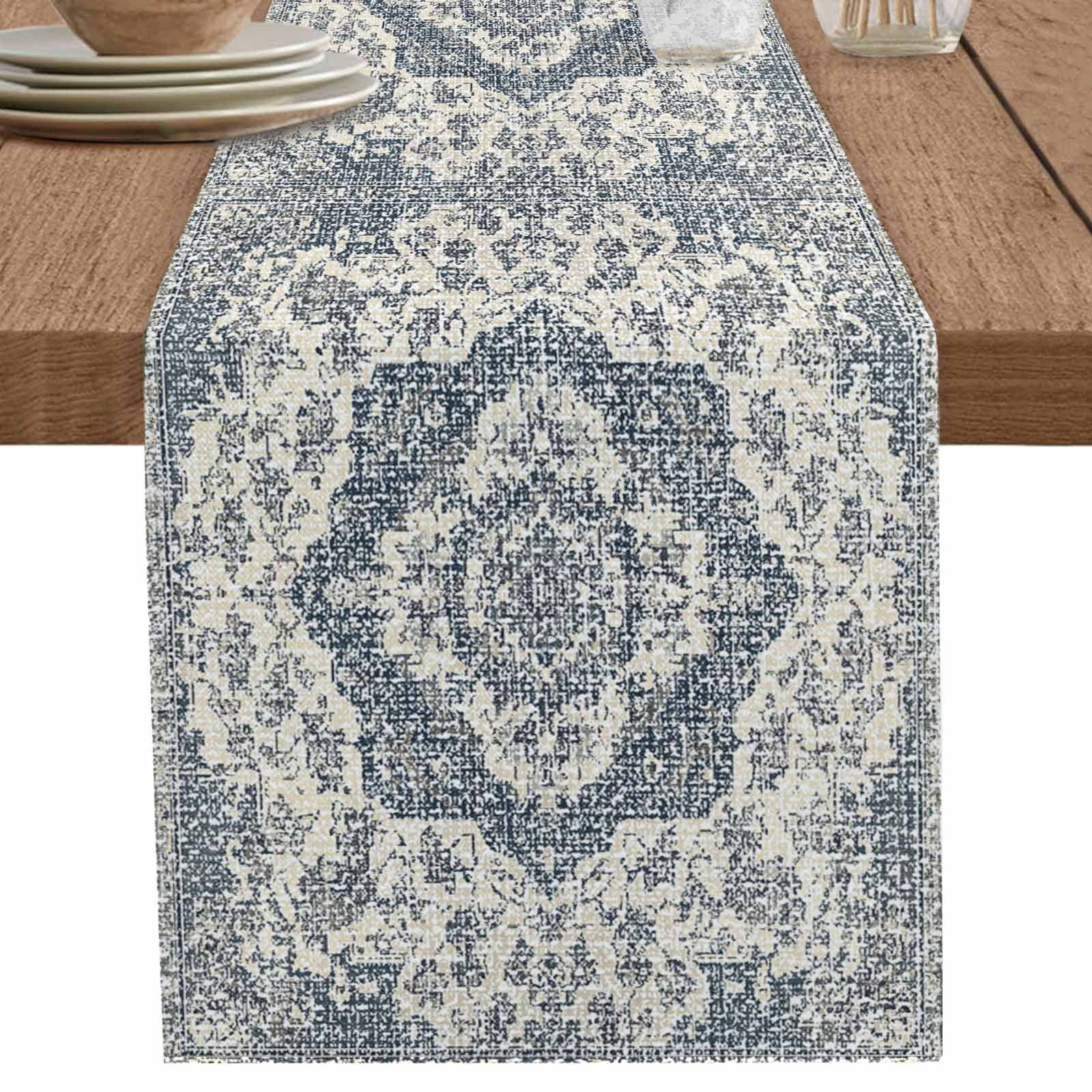 nqOlkjepod Beige Blue Boho Table Runner 108 Inches Long Farmhouse Dress ...