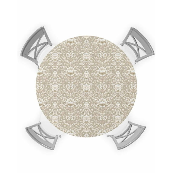 nqOlkjepod Beige Damask Round Tablecloth, Fitted Table Cover with Elastic for 36"-44" Round Tables, Vintage Country Scroll Floral Patterned Table Cloth Outdoor Dinning Party Waterproof Tablecloths