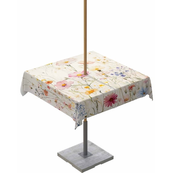 nqOlkjepod Beige Floral Spring Outdoor Tablecloth with Umbrella Hole & Zipper, Vintage Farmhouse Botanical Square Table Cover 54x54 Inch, Dining Waterproof Table Cloth Protector for Patio/Party