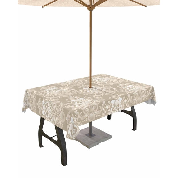 nqOlkjepod Beige Grey Boho Floral Outdoor Tablecloth with Umbrella Hole & Zipper, Vintage Ethnic Tribe Abstract Art Rectangle Table Cover 54x80 Inch, Waterproof Table Cloth Protector for Patio