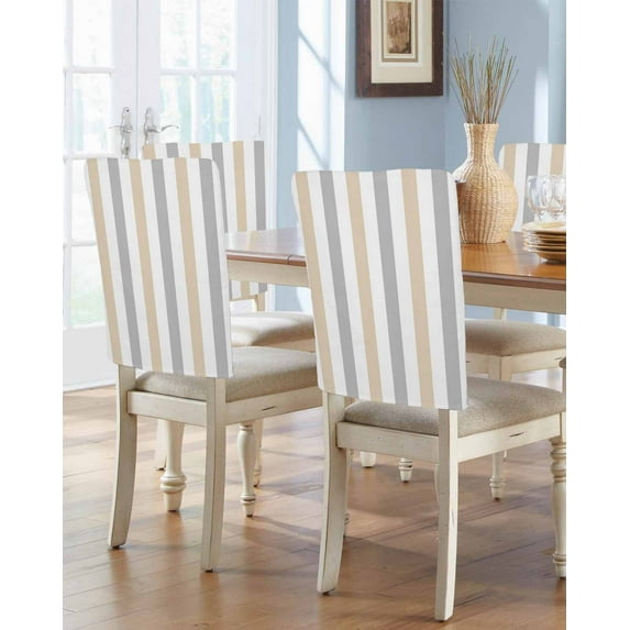 nqOlkjepod Beige Grey Striped Chair Covers Set of 4, Decorative Chair Back Cover, Minimalist Farmhouse Stripe Dining Room Chair Slipcovers Removable Chair Protectors Covers for Party Banquet