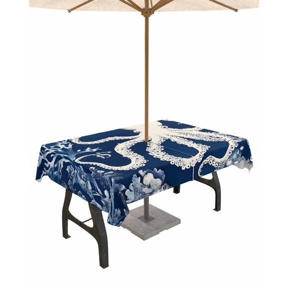 nqOlkjepod Beige Octopus Coastal Outdoor Tablecloth with Umbrella Hole & Zipper, Navy Blue Nautical Ocean Coral Rectangle Table Cover 54x80 Inch, Dining Waterproof Table Cloth Protector for Patio