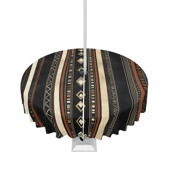 nqOlkjepod Black Beige Boho Outdoor Tablecloth with Umbrella Hole & Zipper, Vintage Abstract Geometric Ethnic Round Table Cover 60 Inch, Dining Waterproof Table Cloth Protector for Patio/Party
