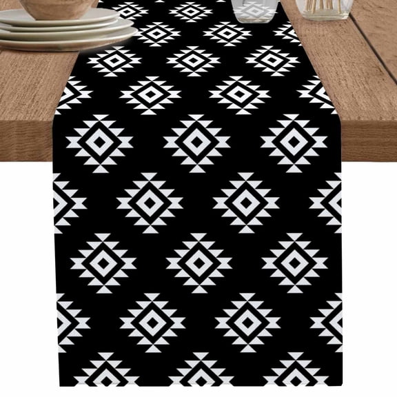 nqOlkjepod Black Boho Geometric Table Runner 60 Inches Long Farmhouse Dress Scarves, Retro Simple Ethnic Abstract Motifs Dining Tablerunner for Coffee Table/Kitchen Island/Party Décor, 13" x 60"