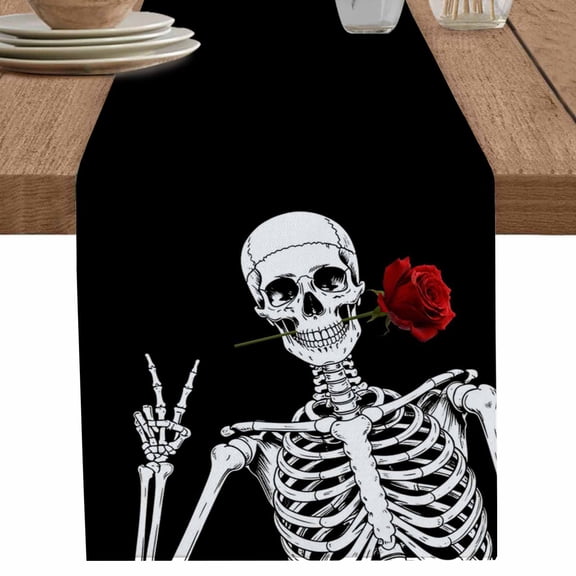 nqOlkjepod Black Halloween Table Runner 36 Inches Long Farmhouse Dress Scarves, Scary White Skull Skeleton Red Rose Dining Tablerunner for Coffee Table/Kitchen Island/Party Décor, Small 13" x 36"