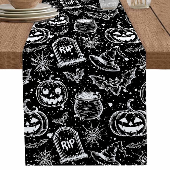 nqOlkjepod Black Pumpkin Halloween Table Runner 48 Inches Long Farmhouse Dress Scarves, Web Retro Animals Art Dining Tablerunner for Coffee Table/Kitchen Island/Party Décor, 13" x 48"