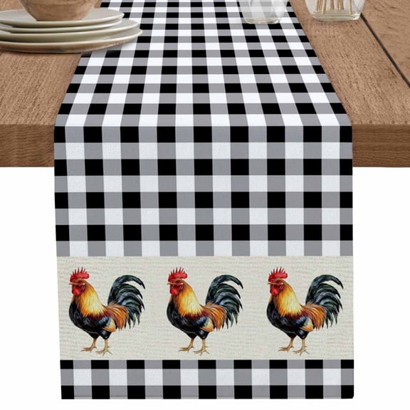 nqOlkjepod Black White Plaid Rooster Table Runner 48 Inches Long Farmhouse Dress Scarves, Vintage Farmhouse Checkered Dining Tablerunner for Coffee Table/Kitchen Island/Party Décor, 13" x 48"