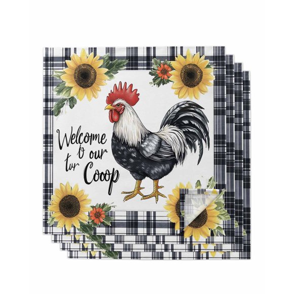 nqOlkjepod Black White Retro Rooster Cloth Napkins Set of 4 Reusable Dinner Napkins, Sunflower Farmhouse Checkered Cocktail Napkin Washable Table Napkins for Wedding/Party/Baby Shower 20"x20"
