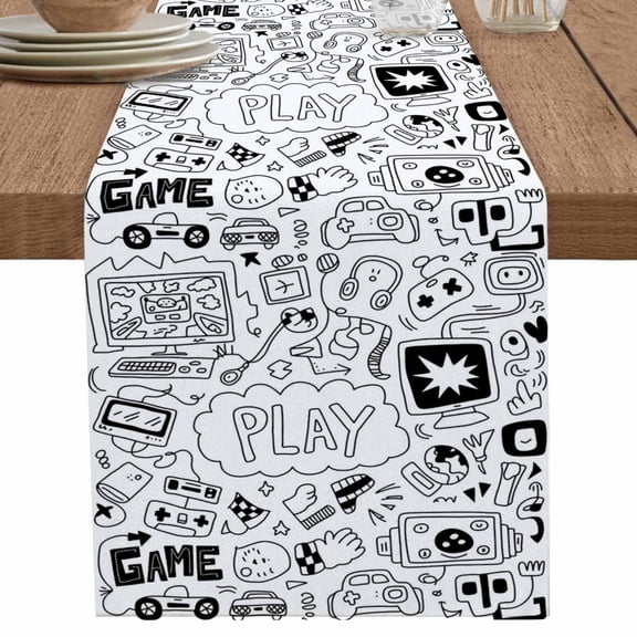 nqOlkjepod Black White Video Game Table Runner 36 Inches Long Farmhouse Dress Scarves, Console Computer Gaming Sketch Style Dining Tablerunner for Coffee Table/Kitchen Island/Party, Small 13"x36"