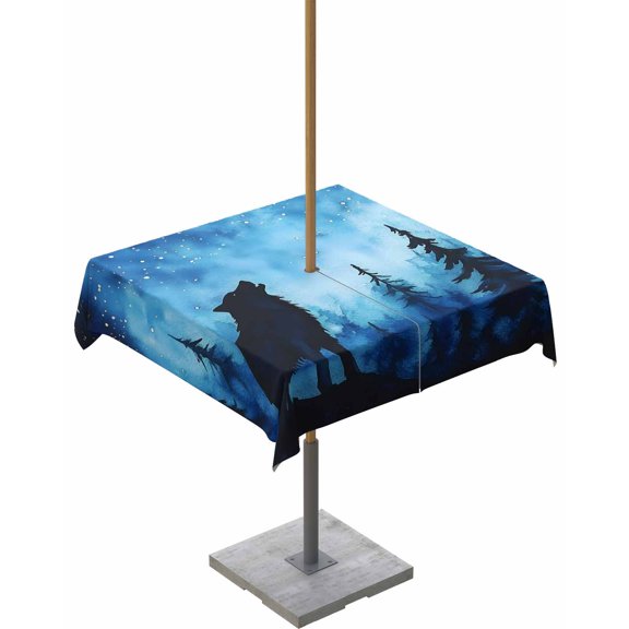 nqOlkjepod Black Wolf Night Outdoor Tablecloth with Umbrella Hole & Zipper, Abstract Forest Silhouette Starry Square Table Cover 54x54 Inch, Dining Waterproof Table Cloth Protector for Patio/Party