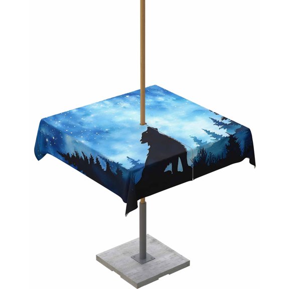 nqOlkjepod Black Wolf Silhouette Outdoor Tablecloth with Umbrella Hole & Zipper, Abstract Starry Night Forest Square Table Cover 54x54 Inch, Dining Waterproof Table Cloth Protector for Patio/Party