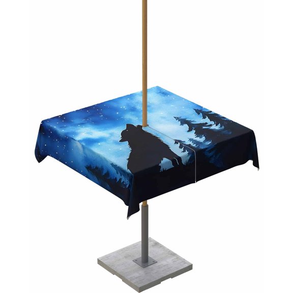 nqOlkjepod Black Wolf Silhouette Outdoor Tablecloth with Umbrella Hole & Zipper, Forest Starry Night Sky Square Table Cover 54x54 Inch, Dining Waterproof Table Cloth Protector for Patio/Party/Picnic