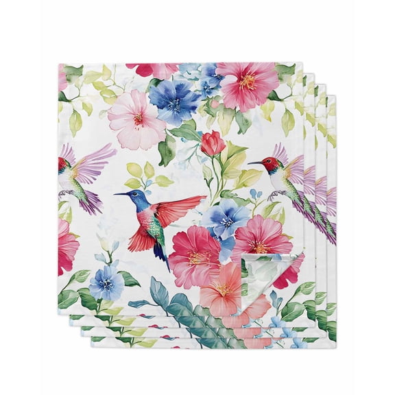 nqOlkjepod Blooming Pink Floral Cloth Napkins Set of 4 Reusable Dinner Napkins, Pastoral Chic Flowers Hummingbird Cocktail Napkin Washable Table Napkins for Wedding/Holiday Party/Baby Shower 20"x20"
