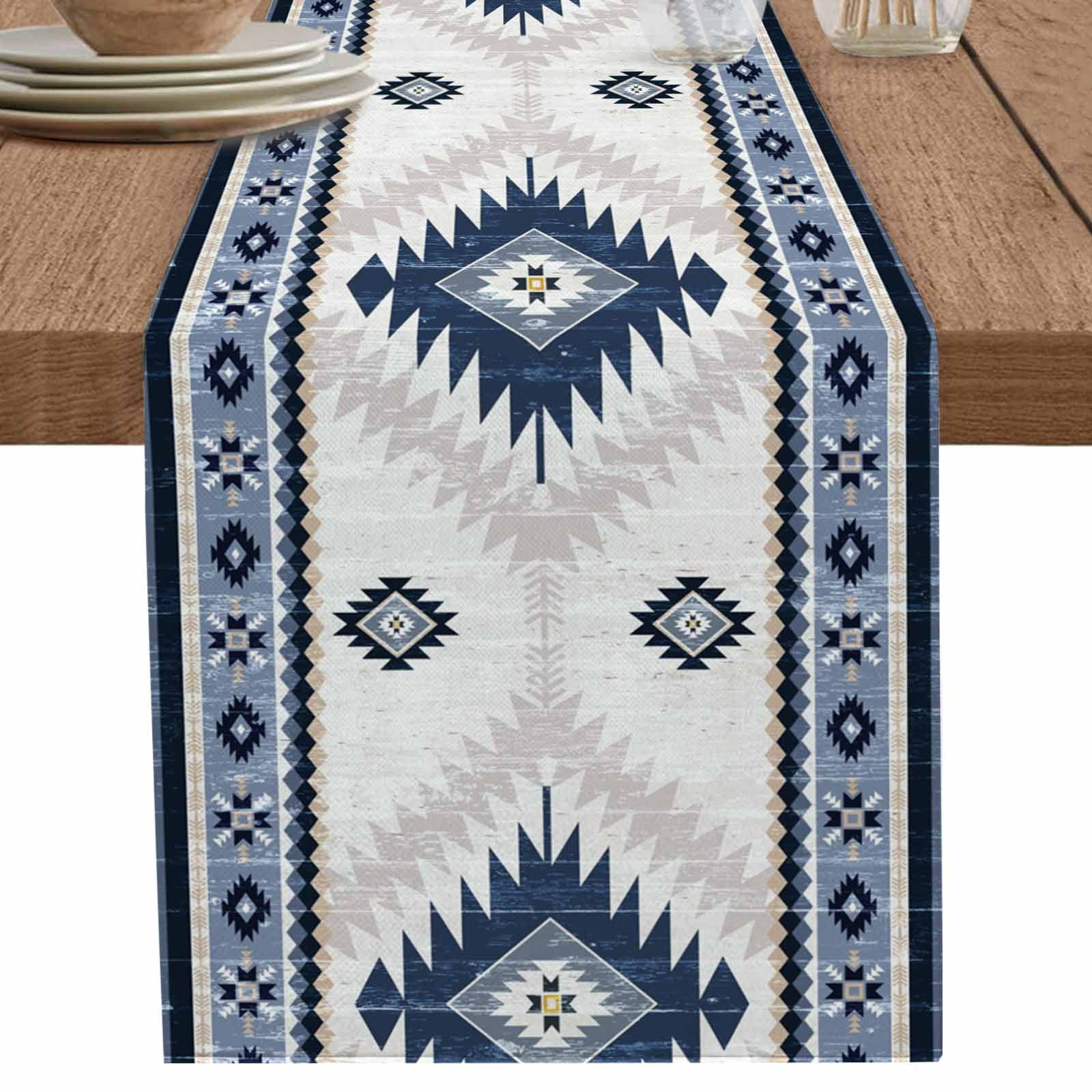 nqOlkjepod Blue Beige Boho Table Runner 72 Inches Long Farmhouse Dress ...