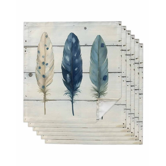 nqOlkjepod Blue Beige Feathers Cloth Napkins Set of 6 Reusable Dinner Napkins, Boho Watercolor Vintage Wood Grain Cocktail Napkin Washable Table Napkins for Wedding/Holiday Party/Baby Shower 20"x20"