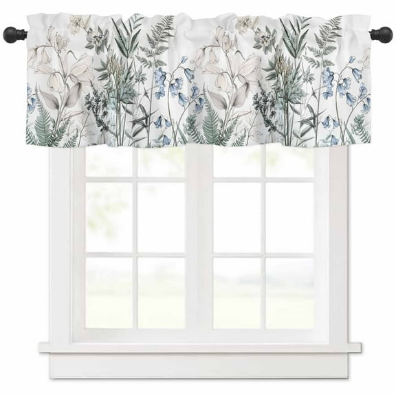 nqOlkjepod Blue Beige Floral Farmhouse Short Window Curtain Valances, Farmhouse Botanical Rod Pocket Kitchen Valances for Living Room Bedroom Bathroom Cafe, 1 Panel - 54" x 18"