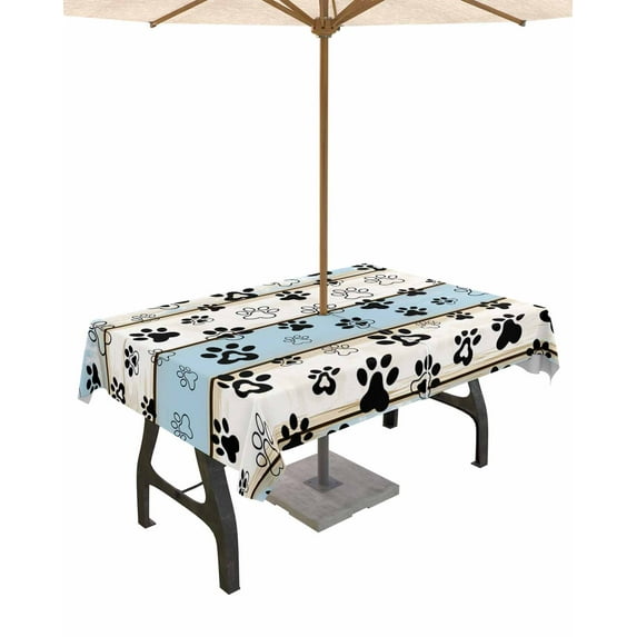 nqOlkjepod Blue Beige Paw Print Outdoor Tablecloth with Umbrella Hole & Zipper, Vintage Farmhouse Country Wooden Grain Rectangle Table Cover 54x80 Inch, Waterproof Table Cloth Protector for Patio