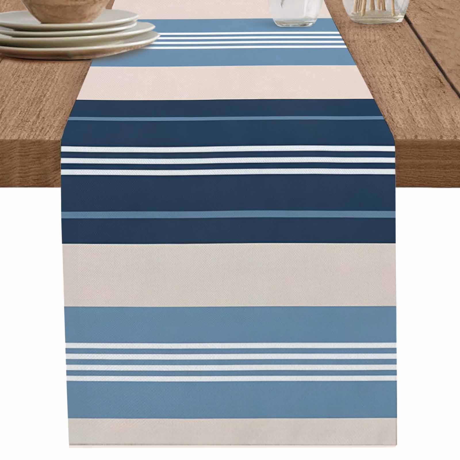 nqOlkjepod Blue Beige Striped Table Runner 72 Inches Long Farmhouse ...