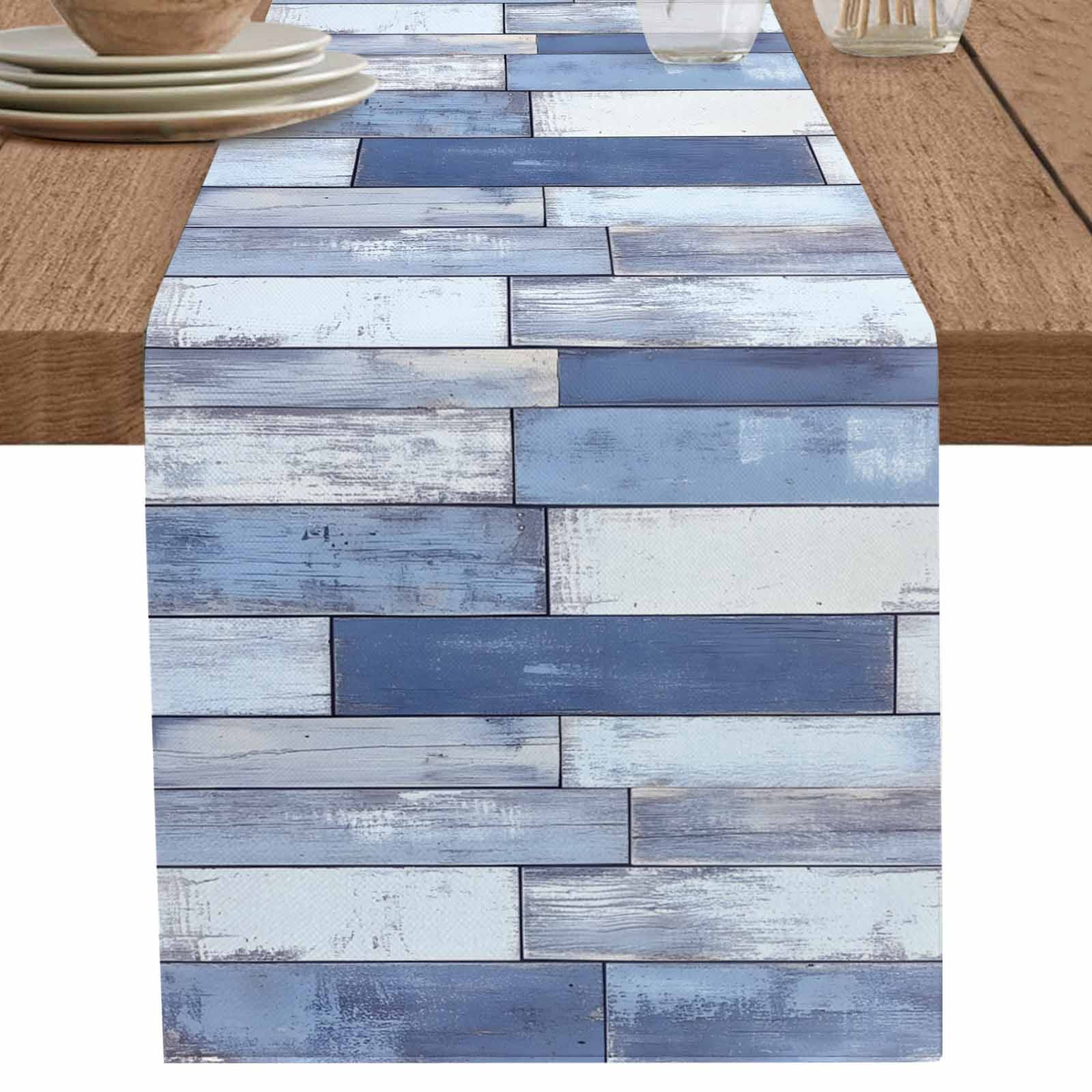 nqOlkjepod Blue Beige Wooden Table Runner 72 Inches Long Farmhouse ...